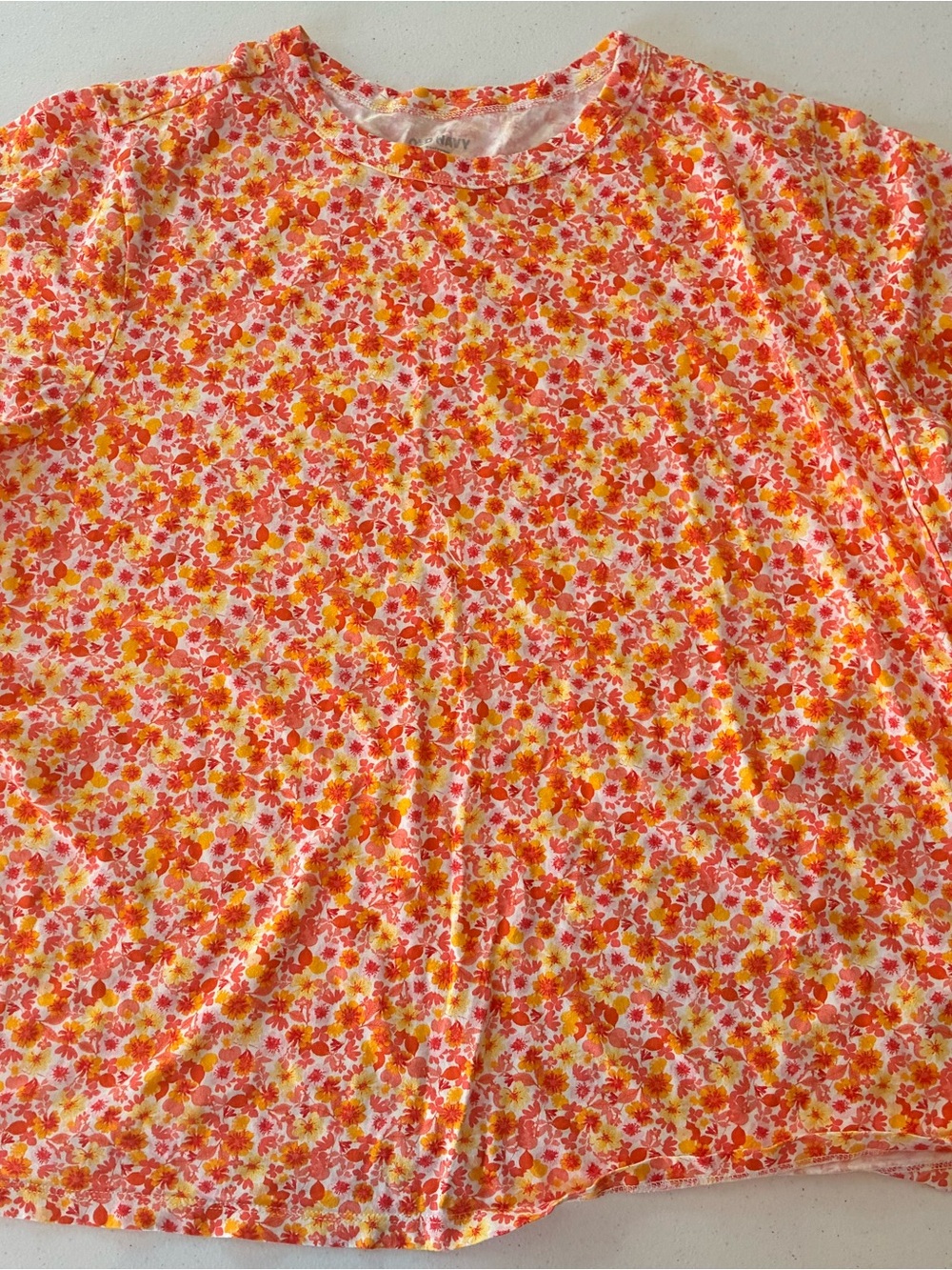 Old Navy Floral Crew Neck Tee in Coral, Yellow & Pink